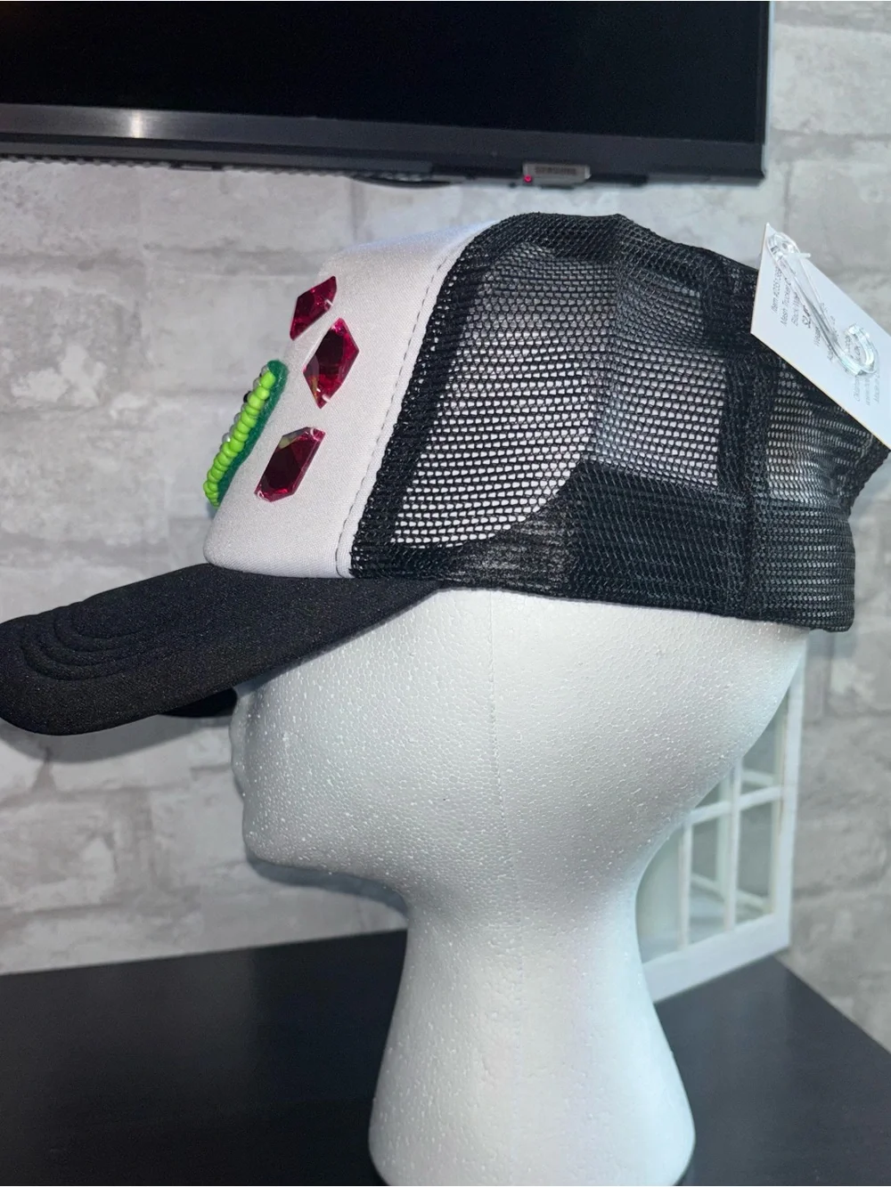 Black & White Trucker Hat w/Handmade, Pink Bead & Green Sequin Watermelon Accent